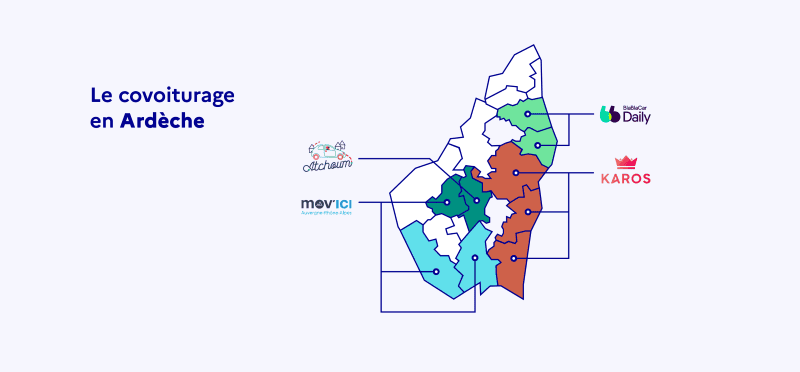 Cartographie des solutions de covoiturage en Ardèche, délimitées par zones