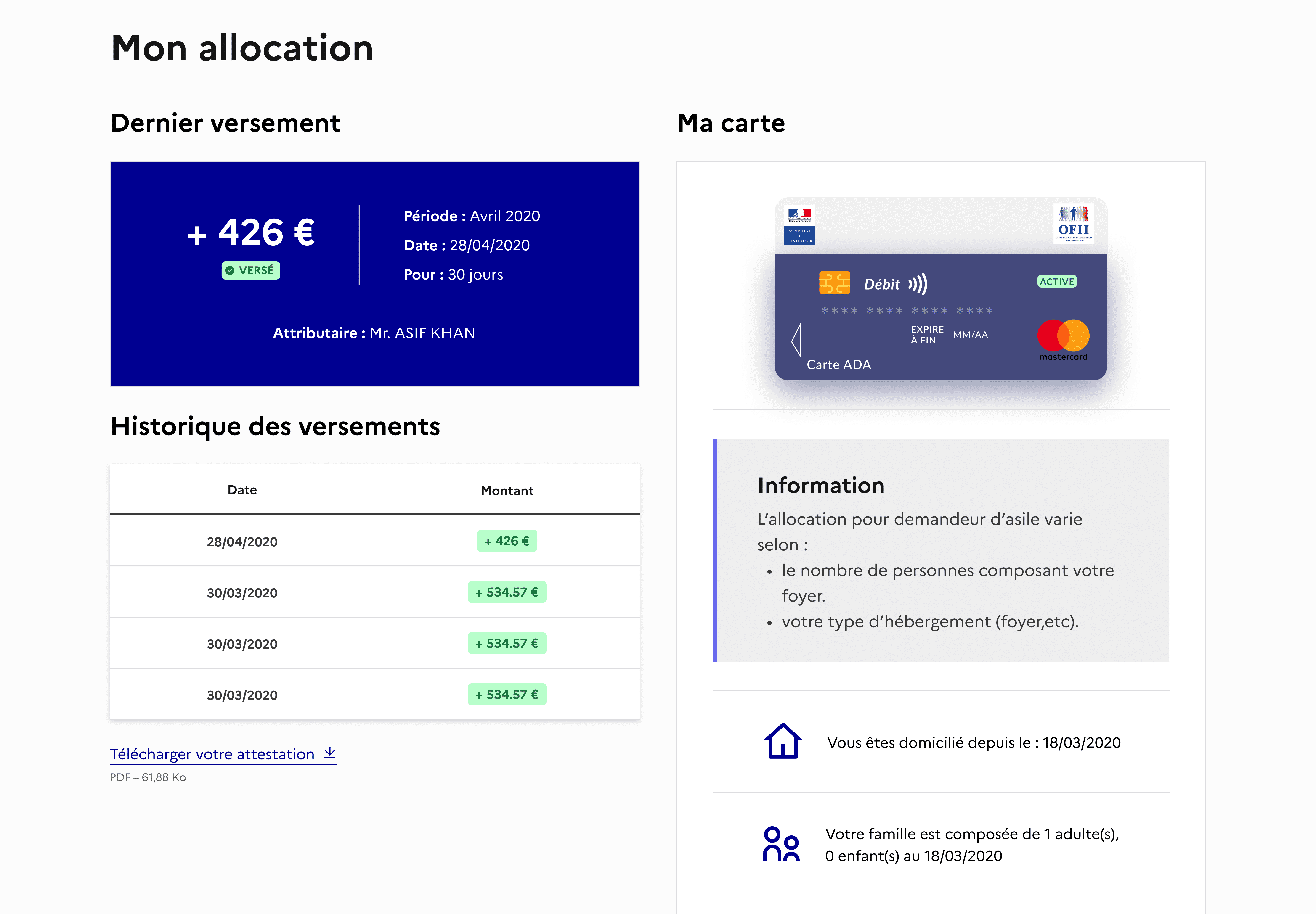 Preview of the "My allowance" page: last payment, payment history, and ADA card information.