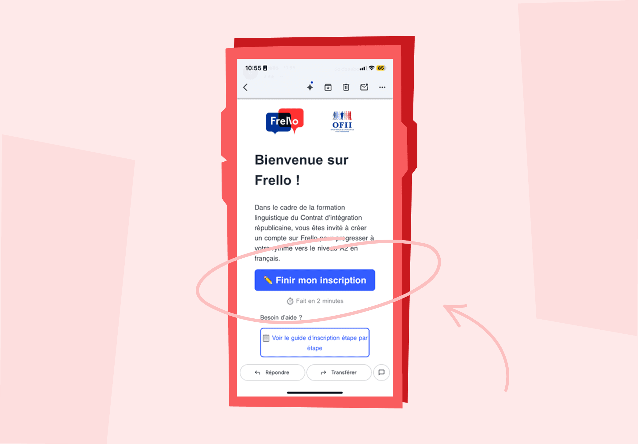 Mail d'inscription envoyé par Frello