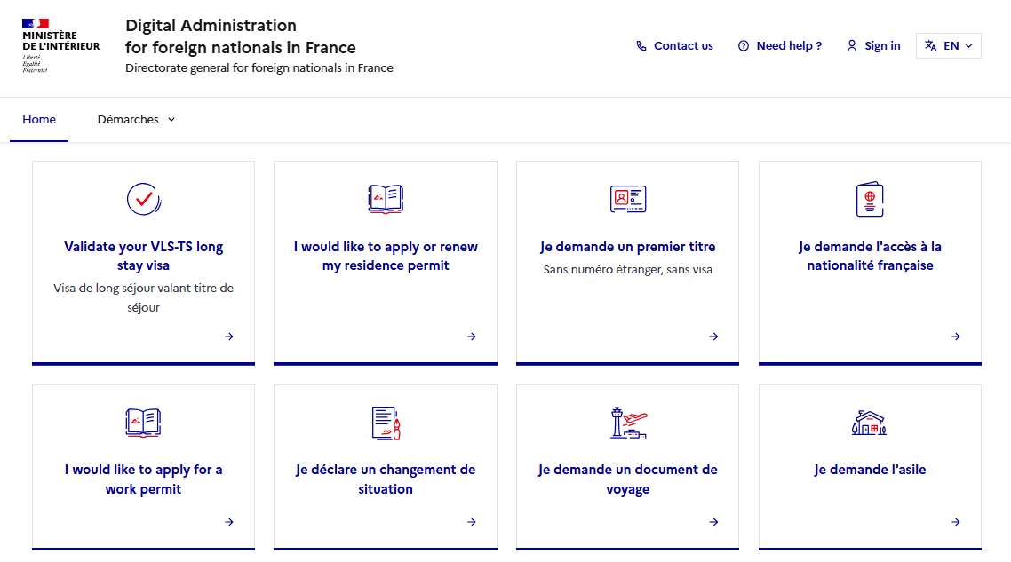 Homepage of the digital administration for foreign nationals in France