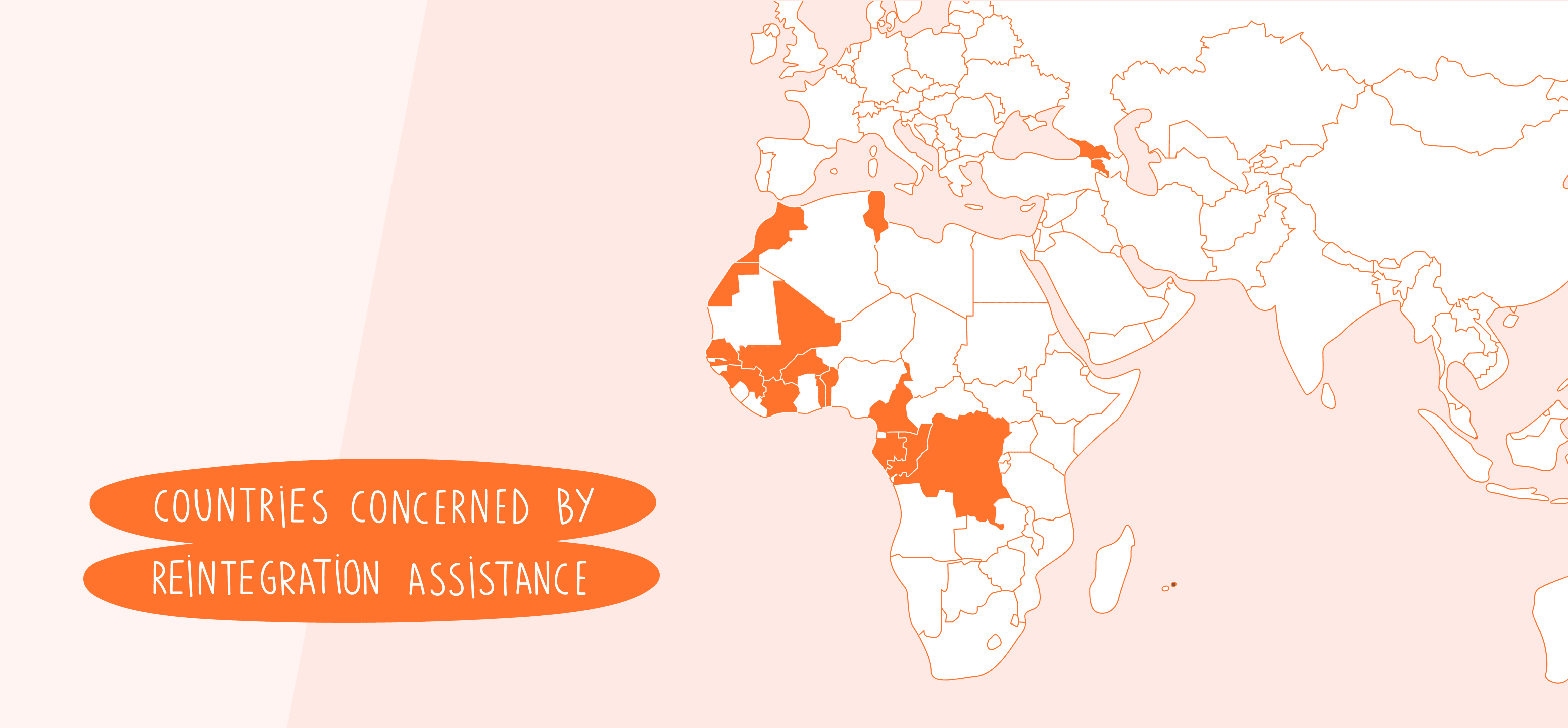 World map highlighting countries with reintegration assistance