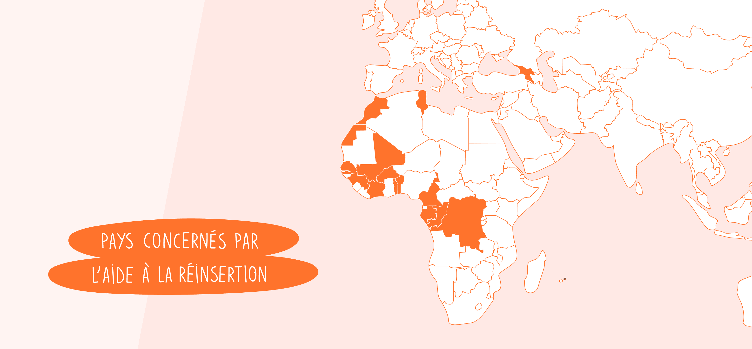 Carte du monde mettant en exergue les pays concernés par la réinsertion. Ces pays sont listés juste après. 