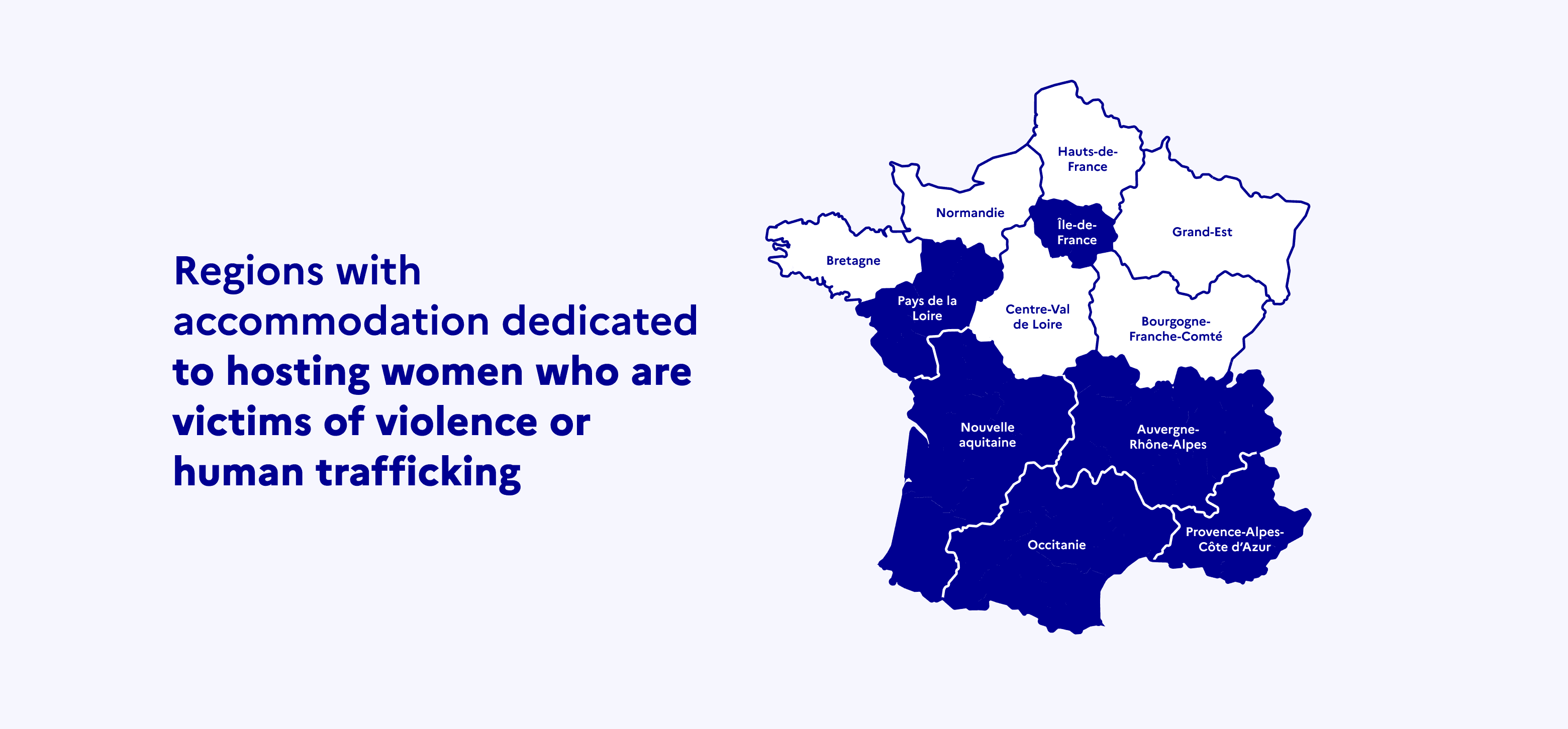 Map of France highlighting the six regions with specialised accomodation facilities.