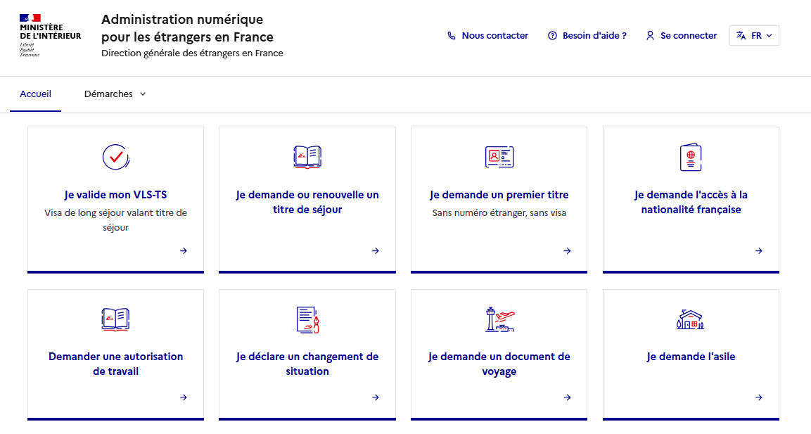 Page d'accueil du site Administration numérique pour les étrangers en France