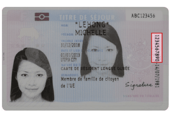 Visual of a residence permit issued before October 2020, with a red box on the right side indicating where the foreign national number is located