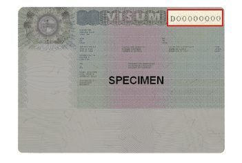 Visual of a visa, with a red box at the top right indicating where the foreign national number is located